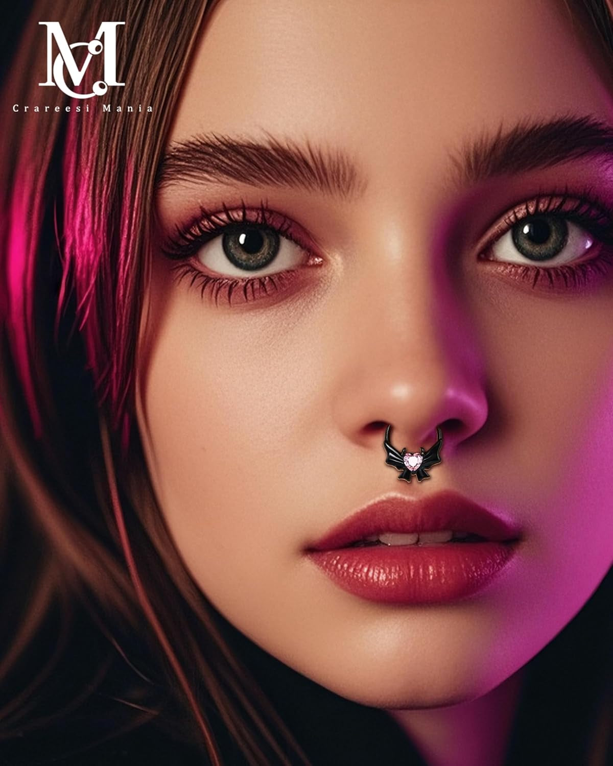 Heart Devil Septum Ring 316L Stainless Steel Gothic Cutie Demon Septum Piercing Jewelry 16G Blackpink Daith Earrings with Black Bow for Women