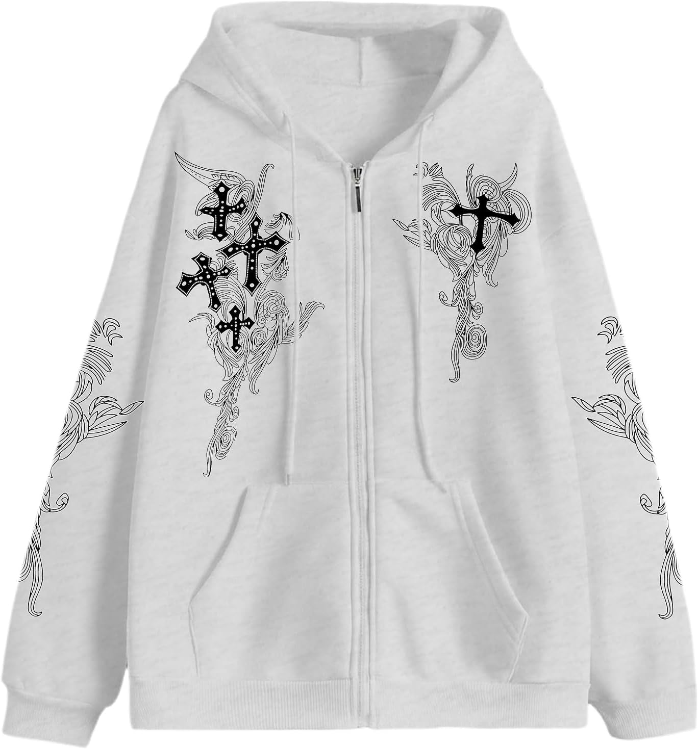 Y2K Gothic Zip Hoodie – Grunge Cross Streetwear