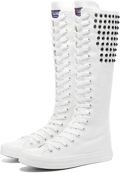 Long Rivet Knee High Canvas Boots Punk Style for Women & Girls