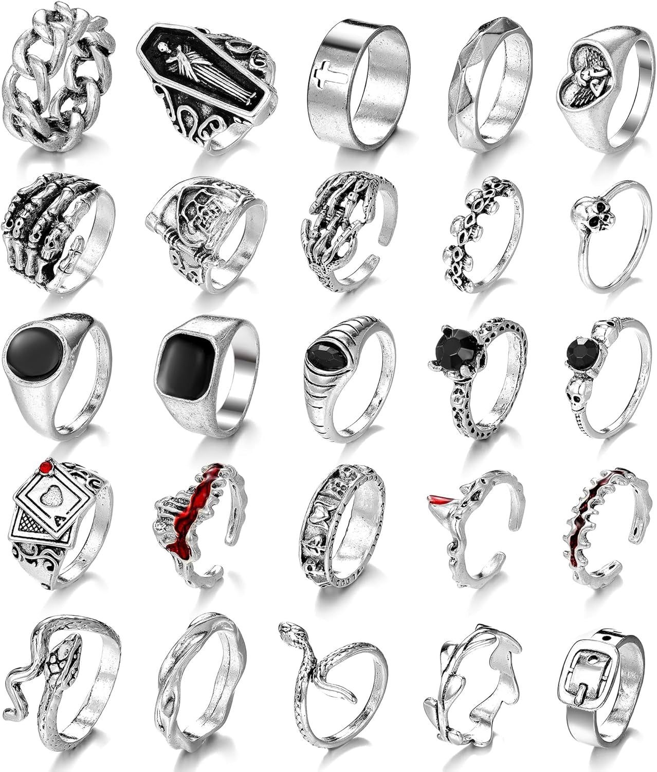 Vintage Silver Stackable Rings – Skull & Serpent Set
