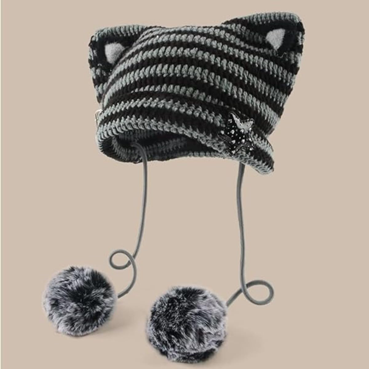Women Kawaii Cat Ear Beanie Hat with Star Pom Poms Y2K Cute Crochet Goth Grunge Emo Alt Accessories Knit Slouchy Hat