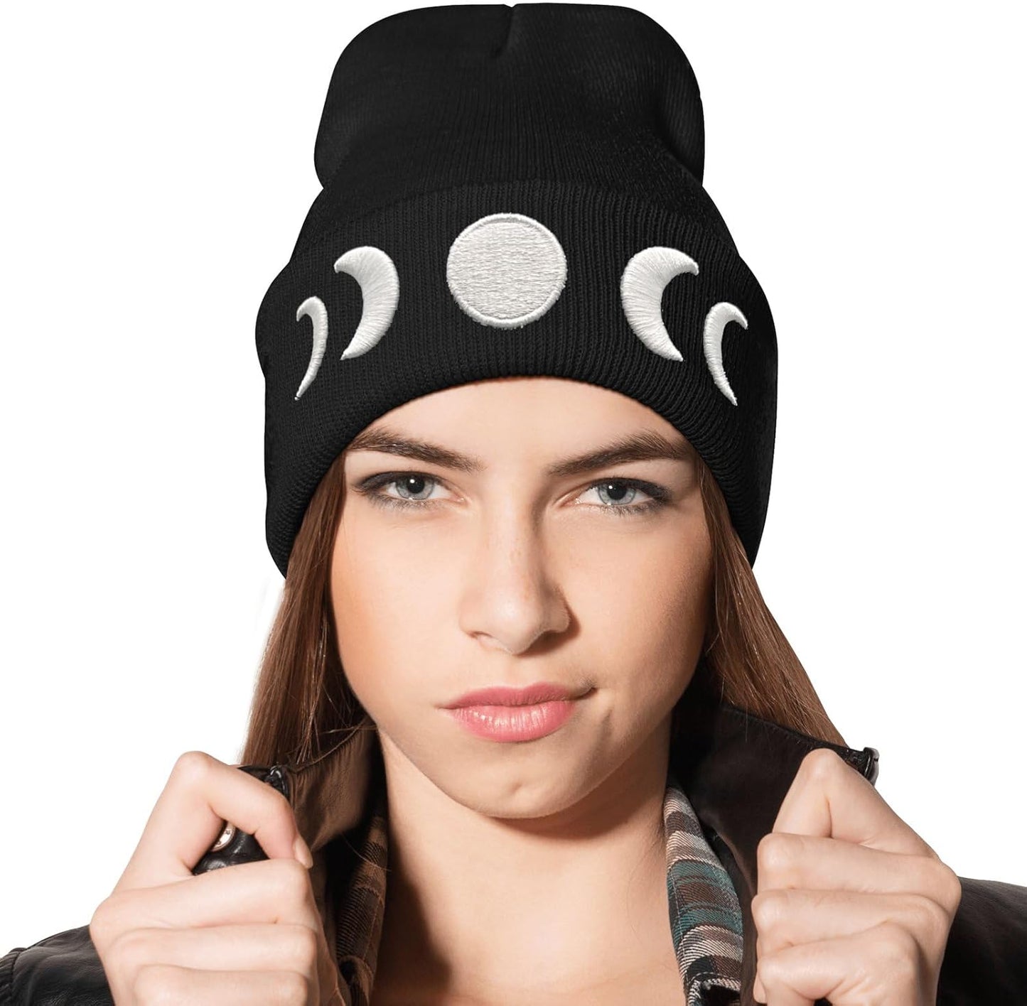 Moon Embroidery Beanie Knit Hat for Men Women, Casual Skull Knit Cap