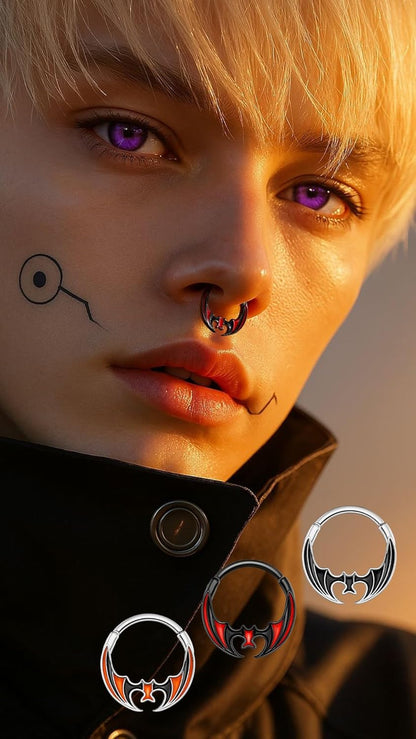 Orange Black Red Bat Segment Ring 16G 10MM – Gothic Halloween Clicker Hoop for Septum, Daith, Conch – Surgical Steel Non-Dangle Nose Jewelry