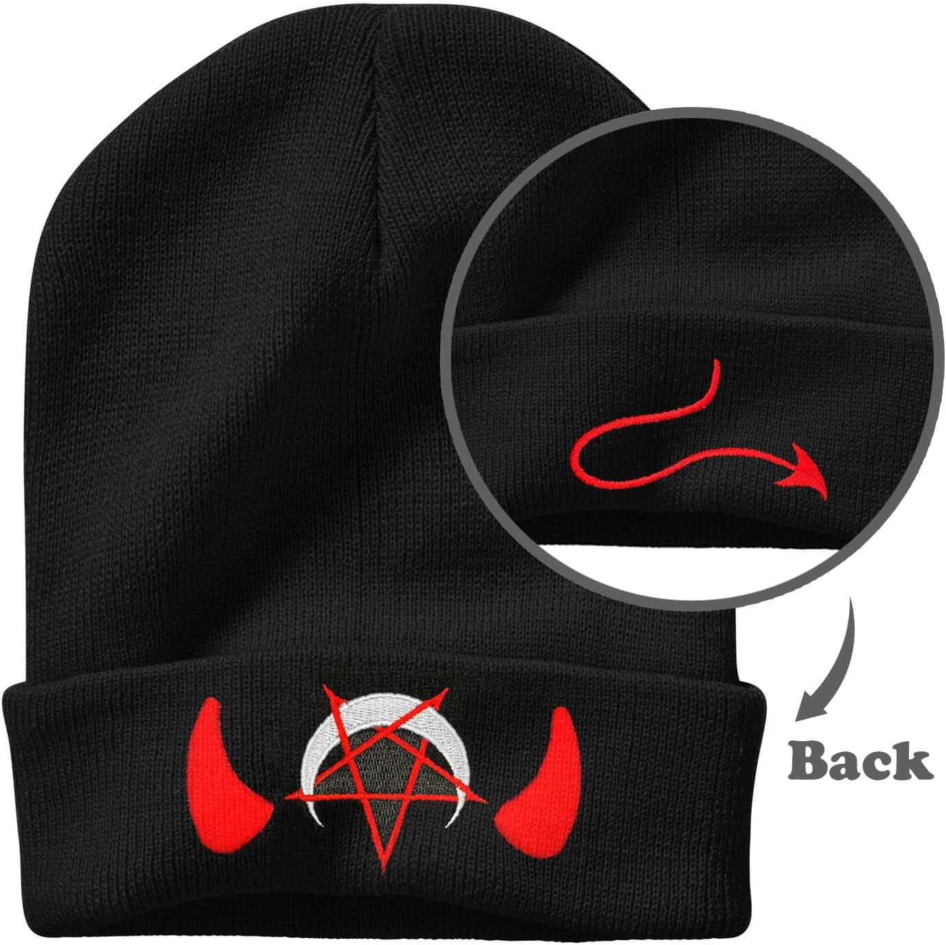 Spooky Horror Devil Horned Embroidery Beanie Knit Hat for Men Women, Casual Skull Knit Cap