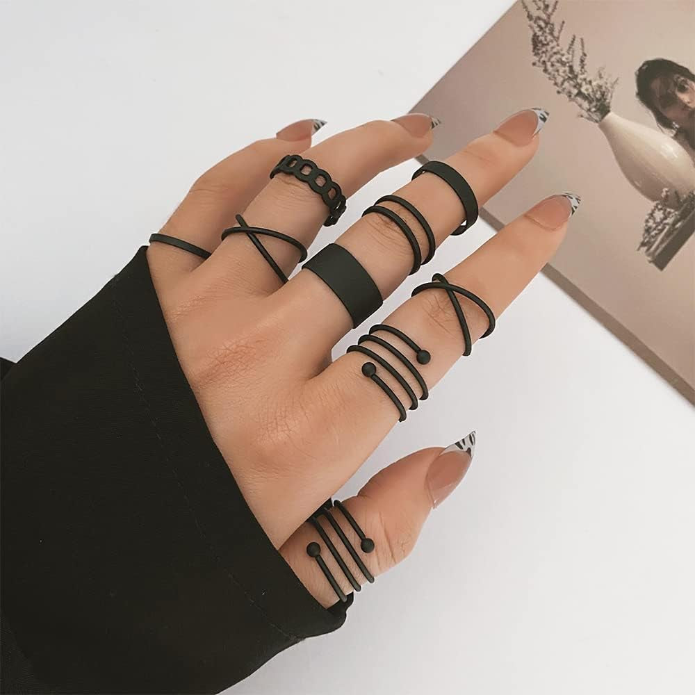 Black Knuckle Rings Set for Women Vintage Stackable Midi Rings Boho Crystal Pearl Sea Wave Finger Ring Pack
