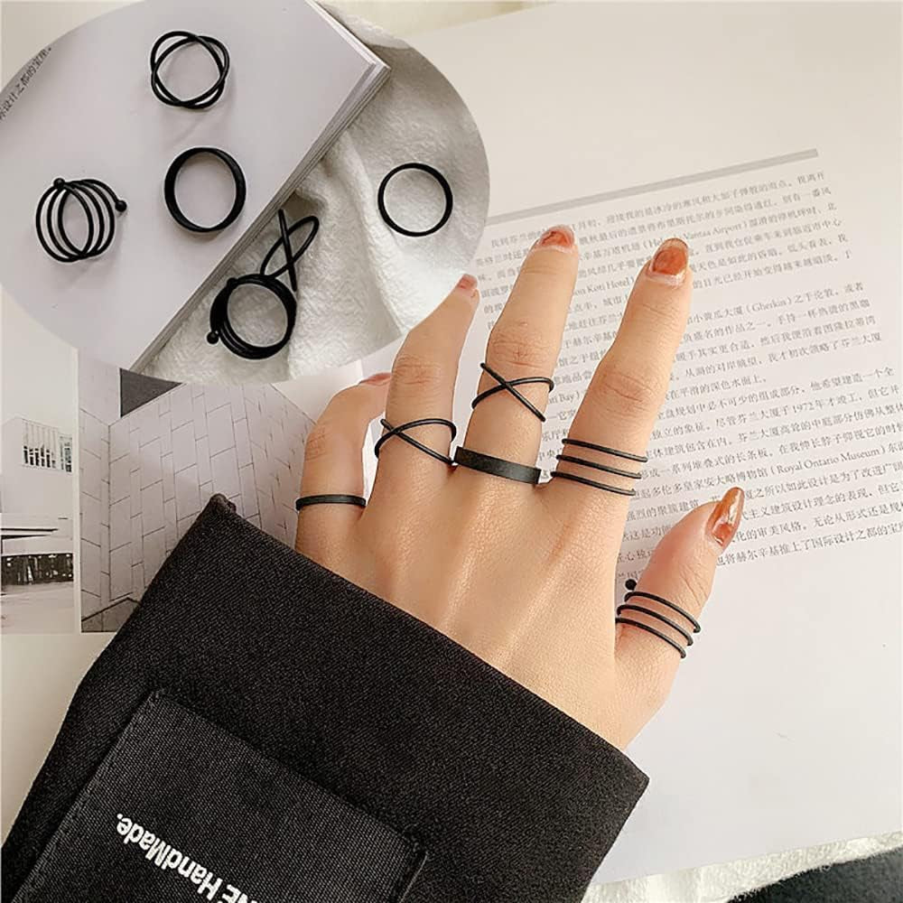 Black Knuckle Rings Set for Women Vintage Stackable Midi Rings Boho Crystal Pearl Sea Wave Finger Ring Pack