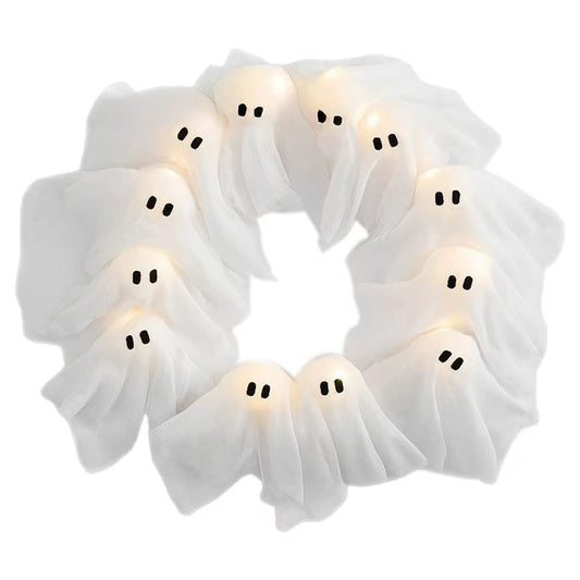 2025 New Glowing Halloween Decoration Led Spooky Lights Light-Up Ghost Wreath Outdoor Wall Decor Spooky Front Door Hanging Decor