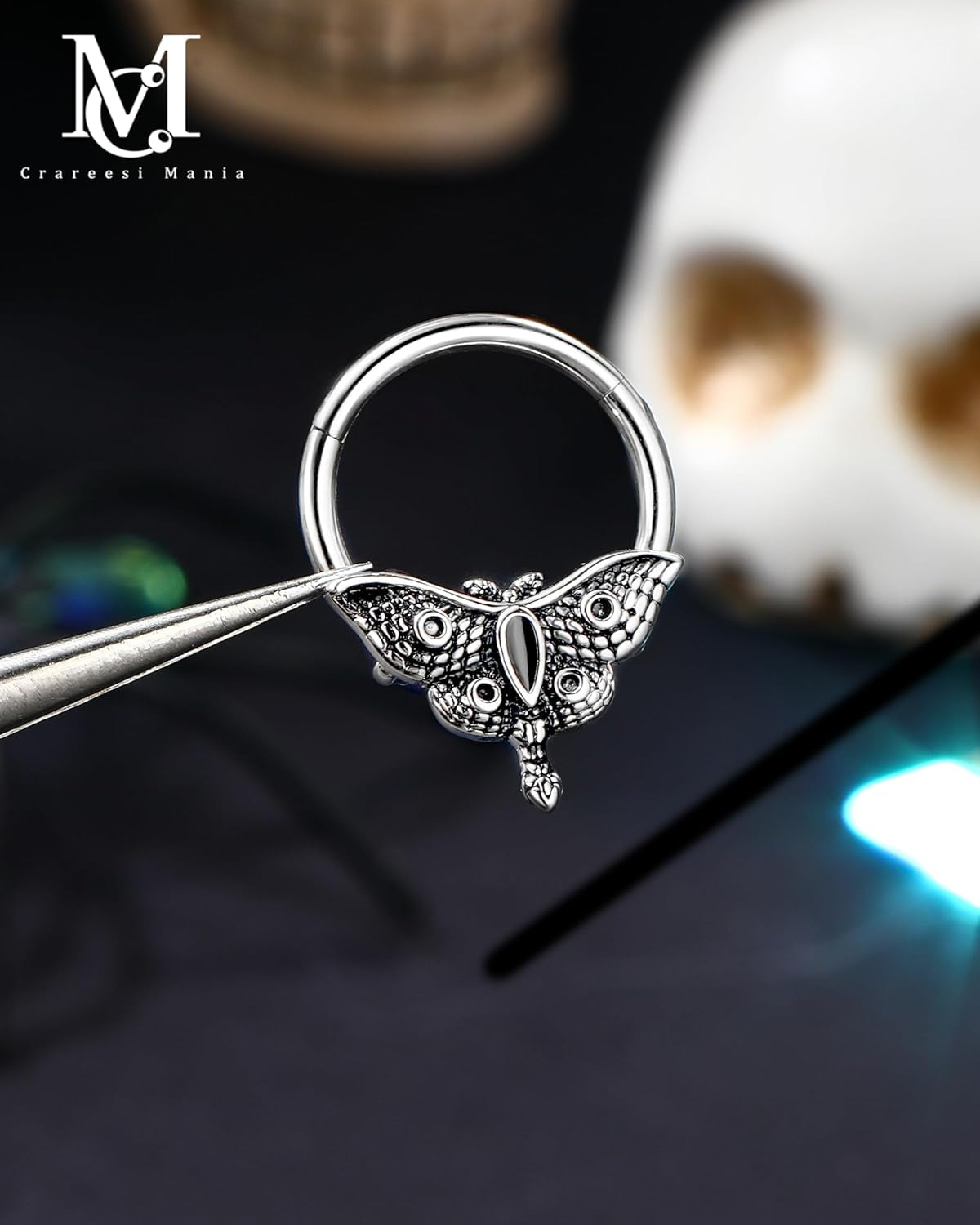Moth Septum Ring 16G Mystical Septum Piercing Jewelry 316L Surgical Steel Daith Earrings Gothic Septum Segment Rings Halloween for Women Men