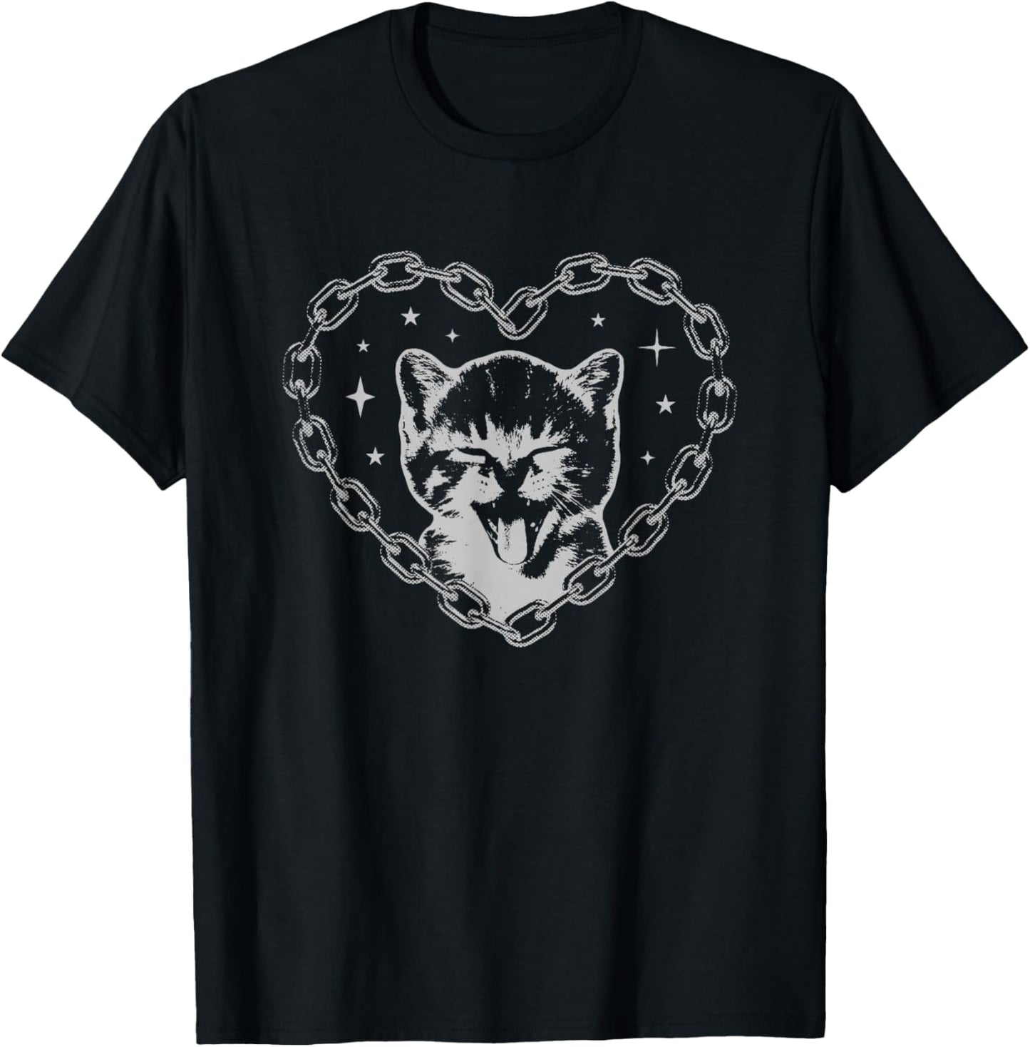 Cute Y2K Cat Chain Heart Emo Goth 90S 2000S Vintage Graphic T-Shirt Noctura