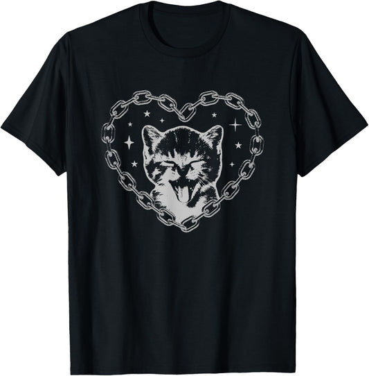 Cute Y2K Cat Chain Heart Emo Goth 90S 2000S Vintage Graphic T-Shirt Noctura