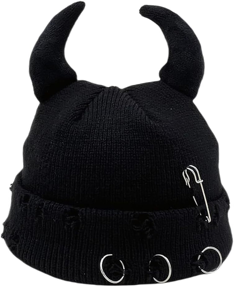 Gothic Devil Horn Knitted Beanies for Women Men Y2K Funny Crochet Skull Hat Warm Winter Cap Halloween Accessories