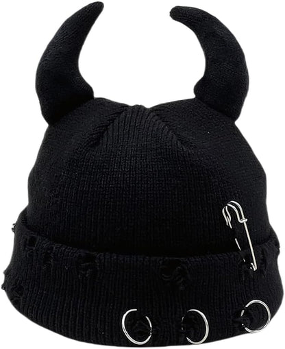 Gothic Devil Horn Knitted Beanies for Women Men Y2K Funny Crochet Skull Hat Warm Winter Cap Halloween Accessories