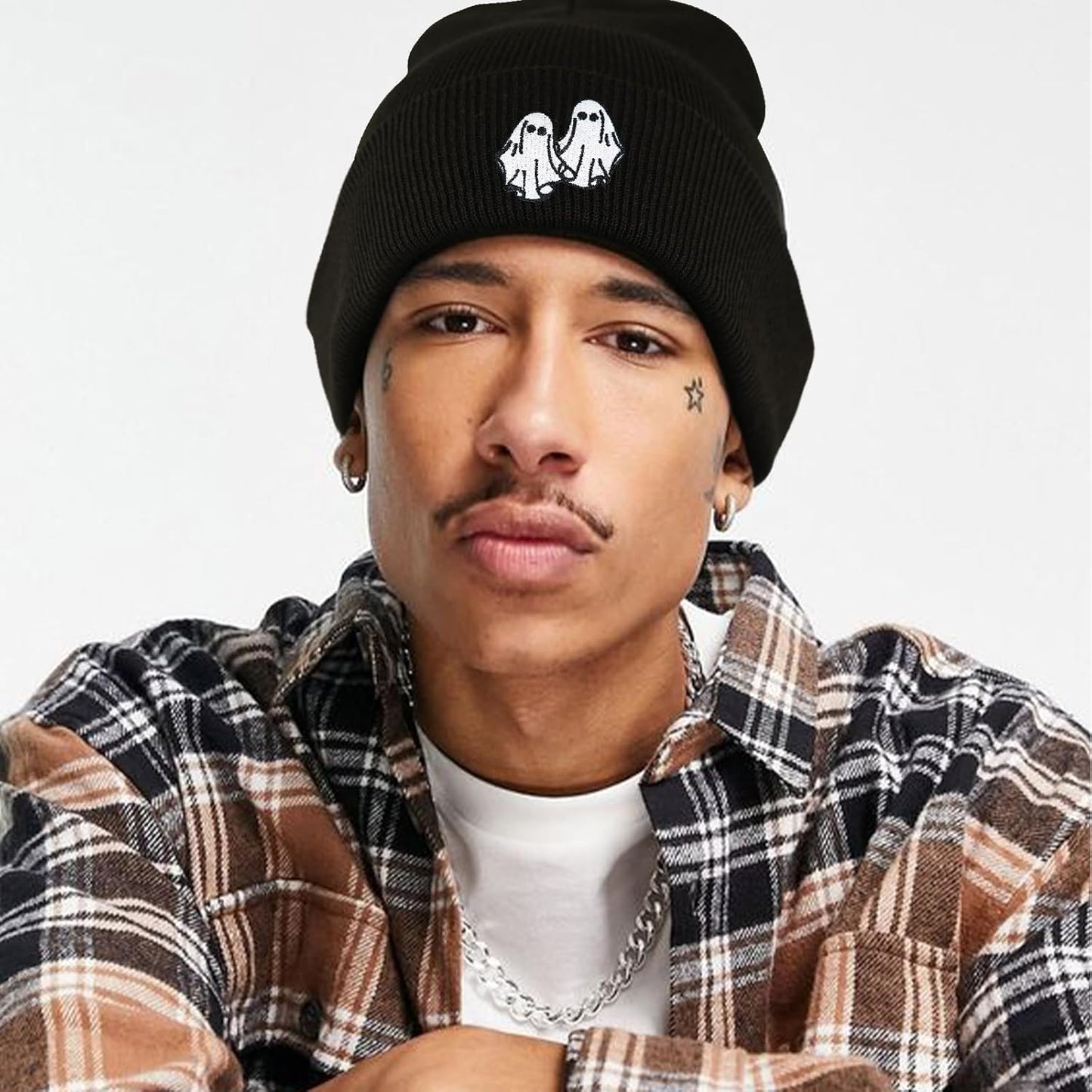 Ghost Beanie Hat Black, Cute Funny Goth Embroidery Winter Knit Skull Cap for Adult Men Women