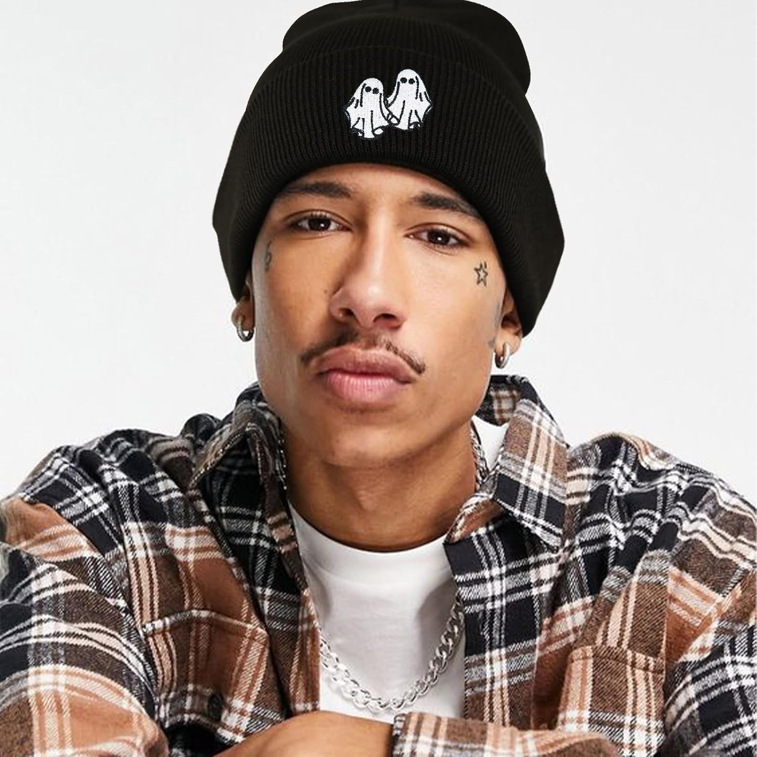 Ghost Beanie Hat Black, Cute Funny Goth Embroidery Winter Knit Skull Cap for Adult Men Women