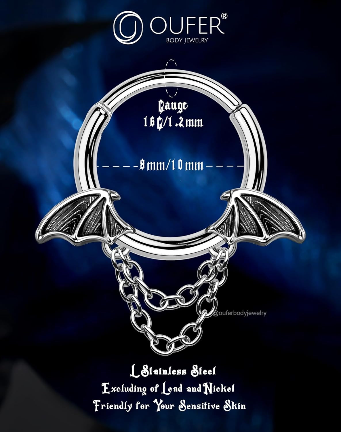 16G Halloween Septum Ring Bat Wing Chain Piercing Jewelry | Gothic Stainless Steel Nose Hoop for Women Men | 8MM 10MM Segment Ring for Vampire Cosplay