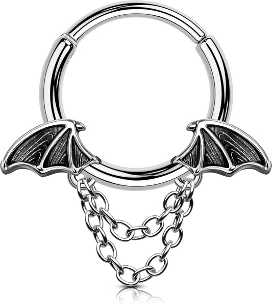 16G Halloween Septum Ring Bat Wing Chain Piercing Jewelry | Gothic Stainless Steel Nose Hoop for Women Men | 8MM 10MM Segment Ring for Vampire Cosplay