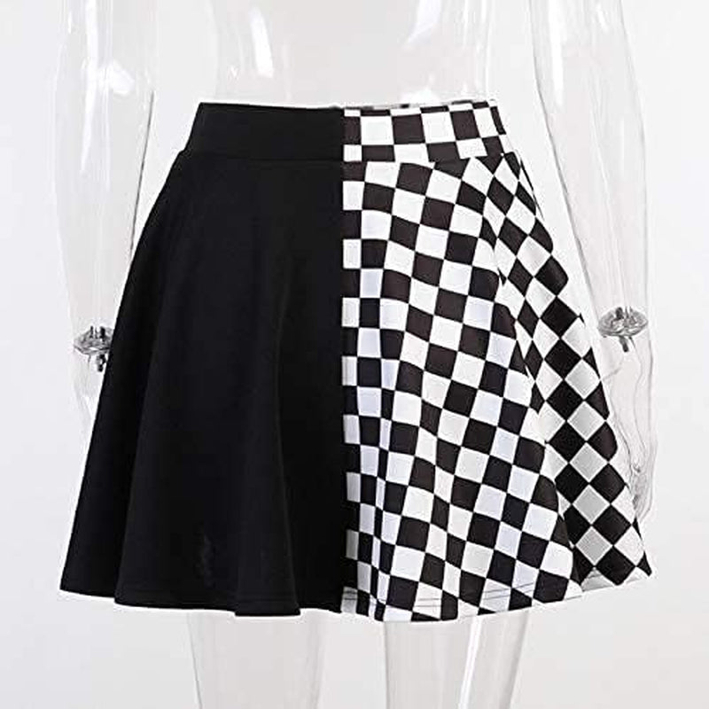 Womens Punk Gothic Plaid Solid Color Patchwork Skirt a Line Mini Skirts Summer Kawaii Cute Skirts Y2K Streetwear Noctura