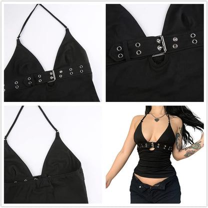 Sexy Punk Rock Halter Tank Tops for Women V Neck Goth Backless Tie Back Summer Y2K Gothic Buckle 70S Disco Tops