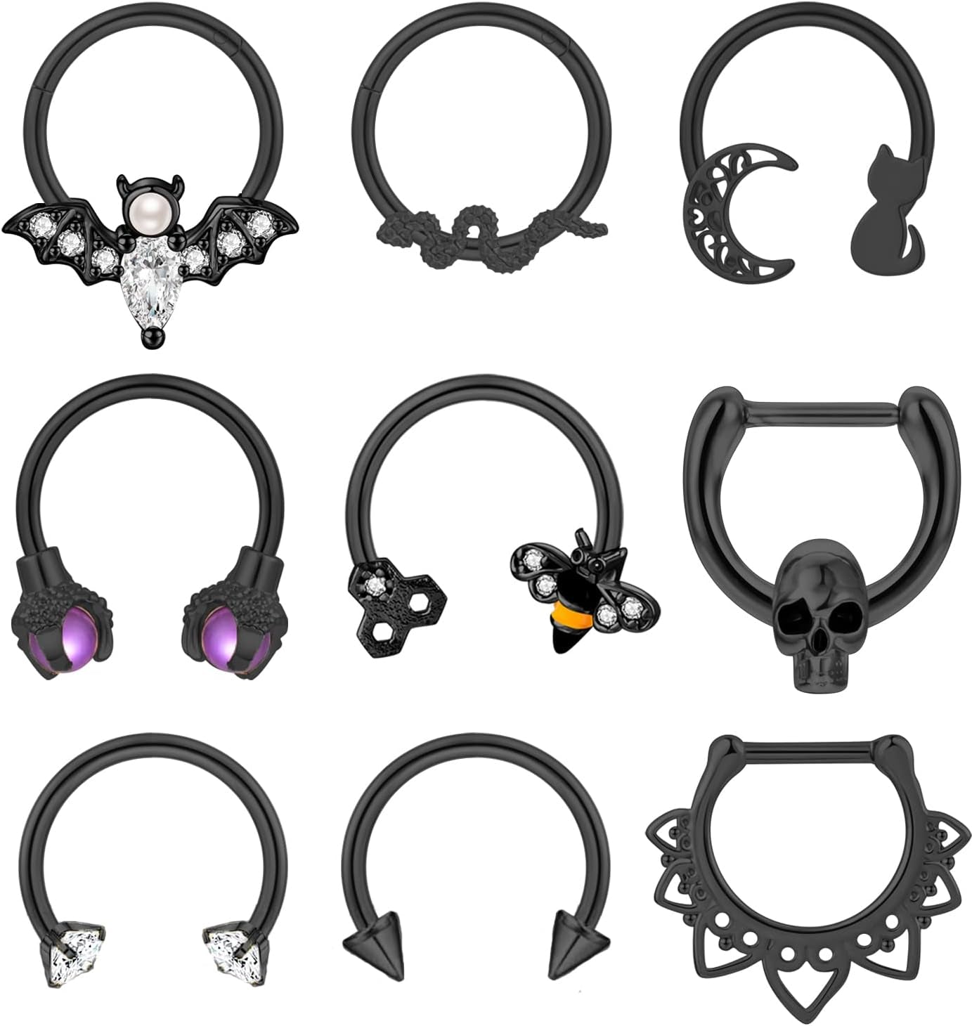 9 PCS 16G Stainless Steel Horseshoe Septum Rings for Women Cartilage Helix Tragus Earrings Daith Earrings Hoop Snake Bat Gothic Piercing Jewelry