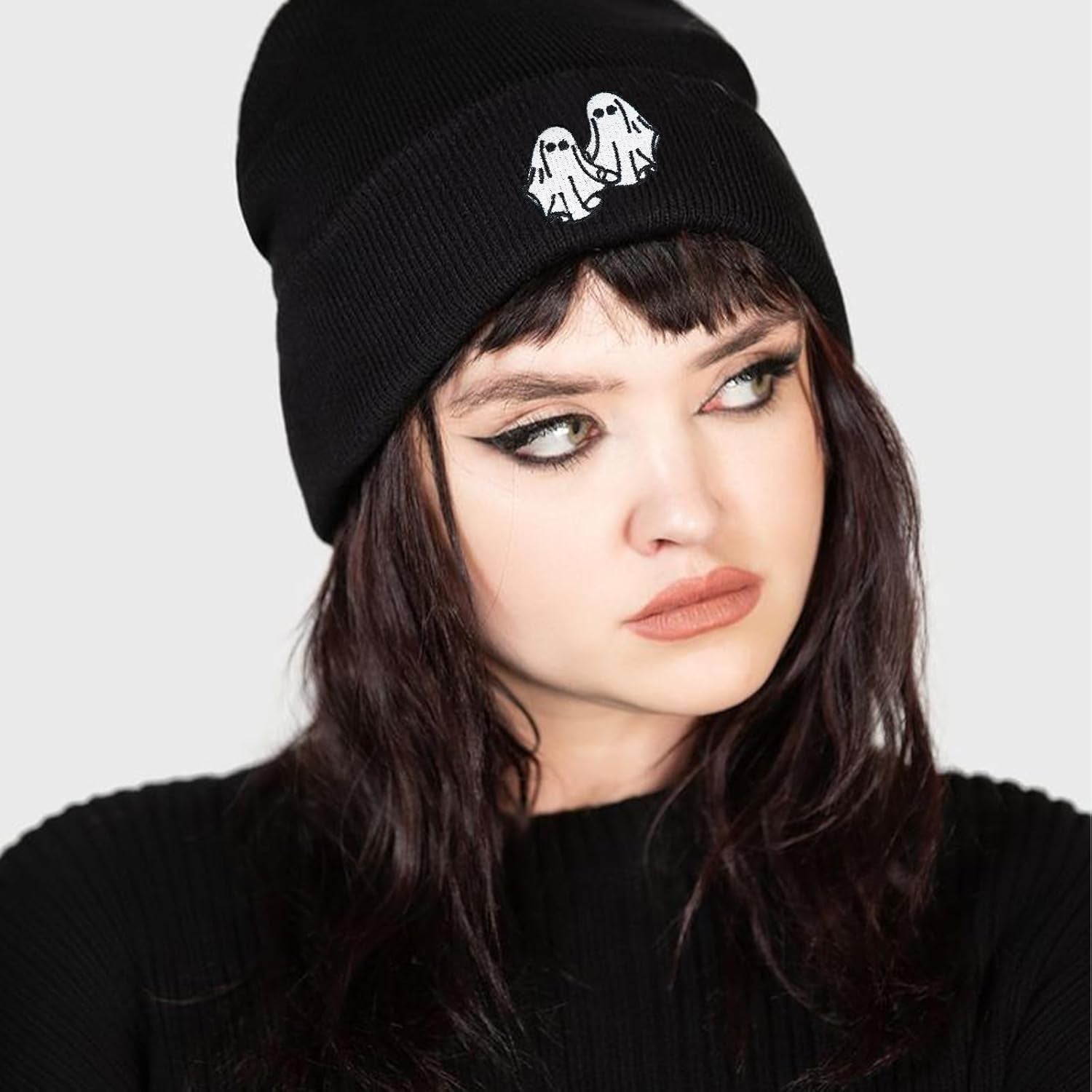 Ghost Beanie Hat Black, Cute Funny Goth Embroidery Winter Knit Skull Cap for Adult Men Women