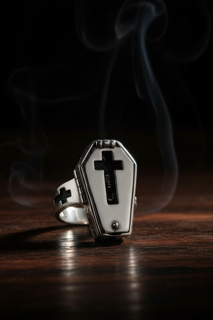 Silver coffin-shaped ring with a cross on a dark wooden surface with smoke.