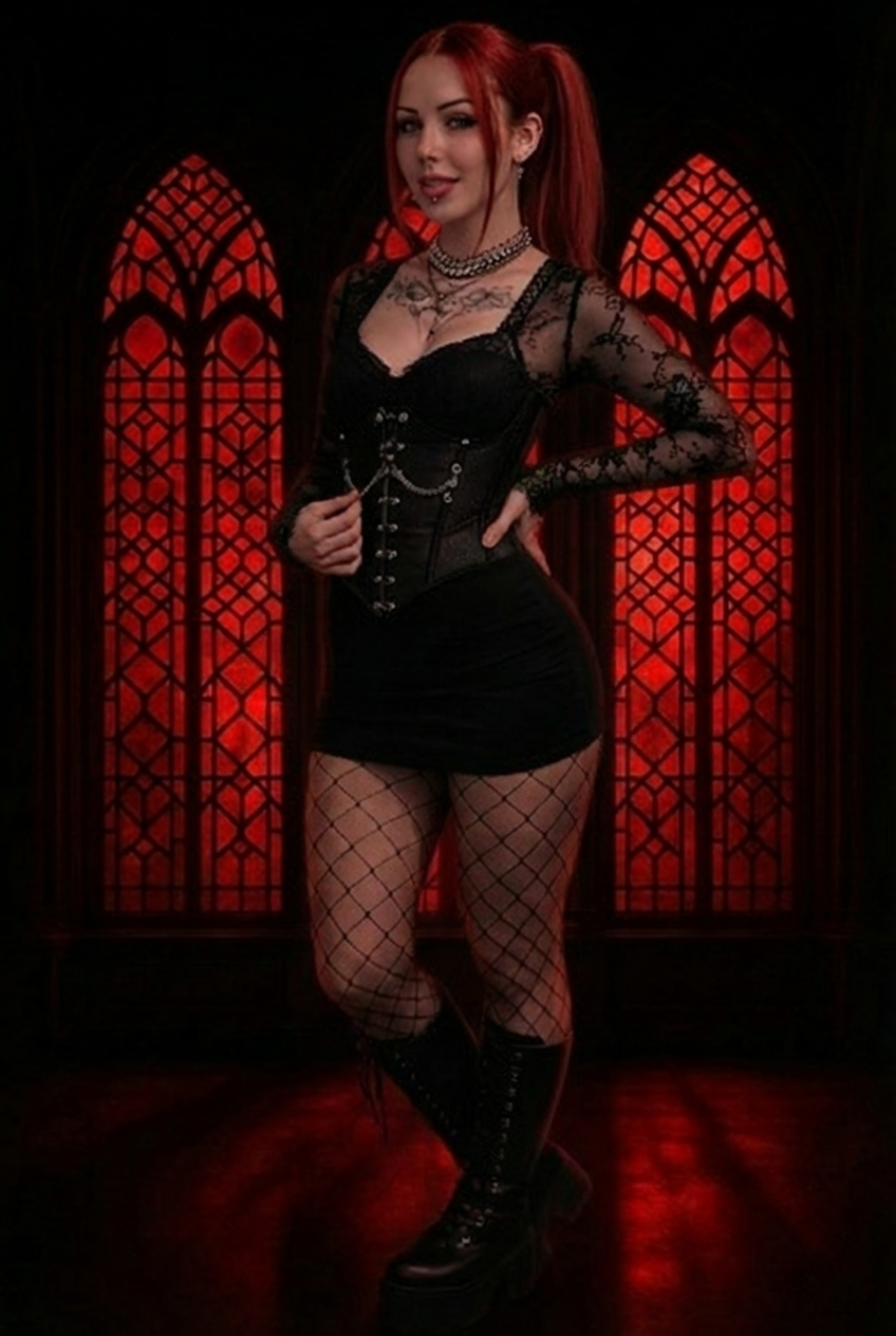 Woman in a black outfit with fishnet stockings standing in front of red-lit stained glass windows.