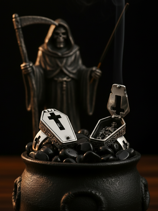 Decorative items including a small coffin with a cross, a ring, and a figurine of a Grim Reaper on a dark background.