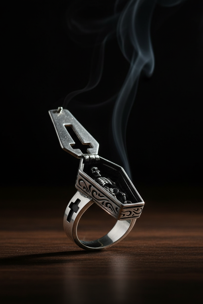 Silver ring with intricate design on a dark background