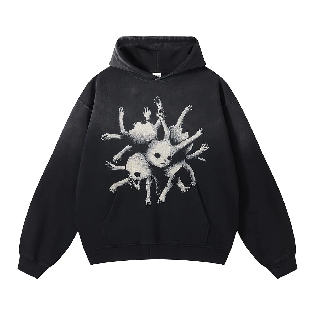 Black hoodie with a unique design on a white background