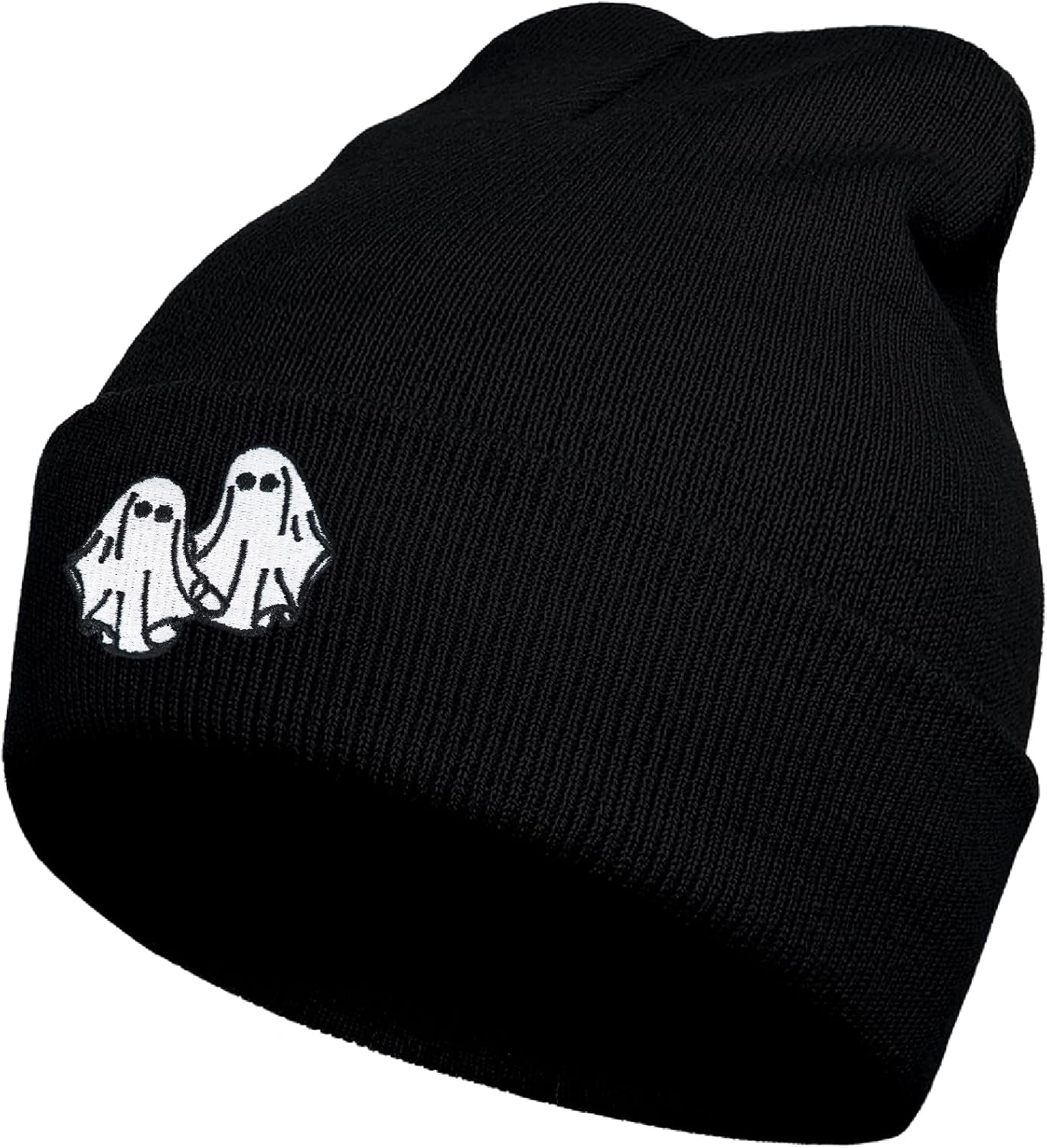 Ghost Beanie Hat Black, Cute Funny Goth Embroidery Winter Knit Skull Cap for Adult Men Women