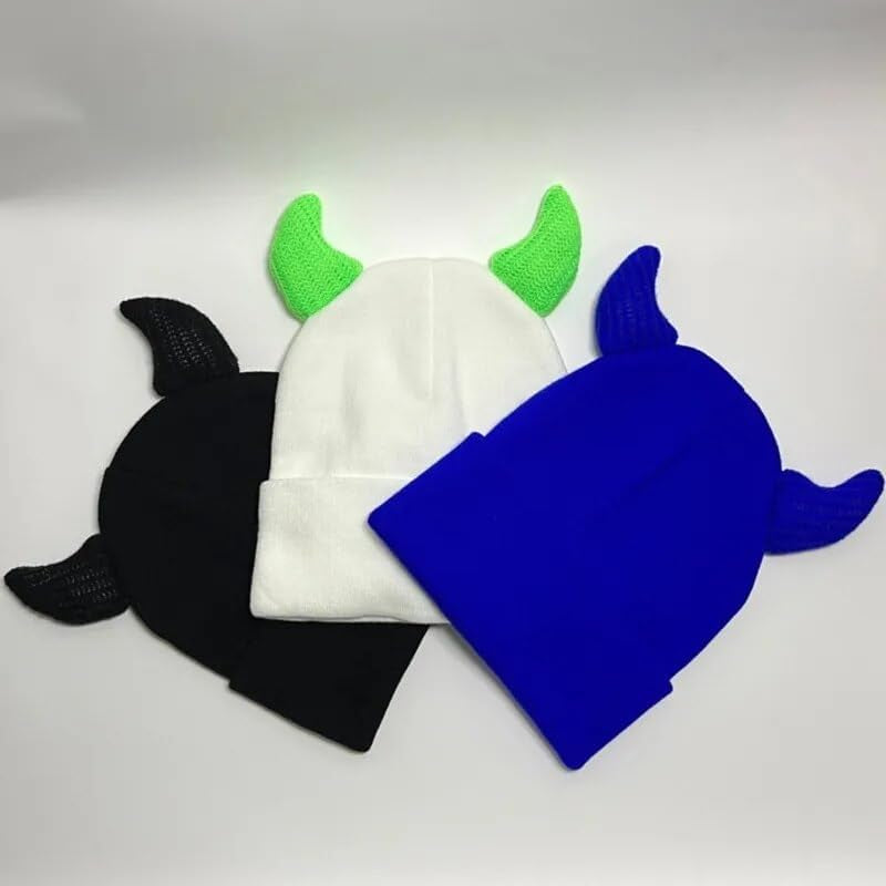 Kawaii Devil Horn Knit Beanie Hat for Women Men Girl Y2K Funny Halloween Party Hat Crochet Bucket Cap