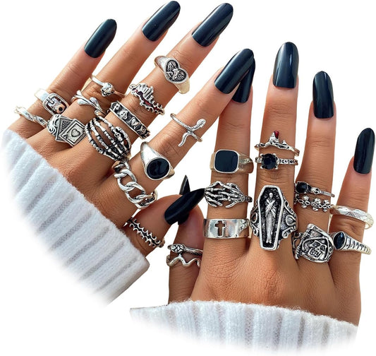 Vintage Silver Stackable Rings – Skull & Serpent Set
