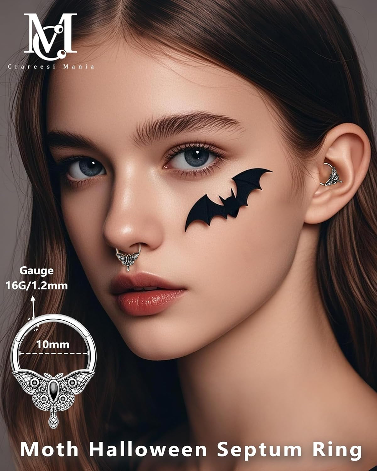 Moth Septum Ring 16G Mystical Septum Piercing Jewelry 316L Surgical Steel Daith Earrings Gothic Septum Segment Rings Halloween for Women Men