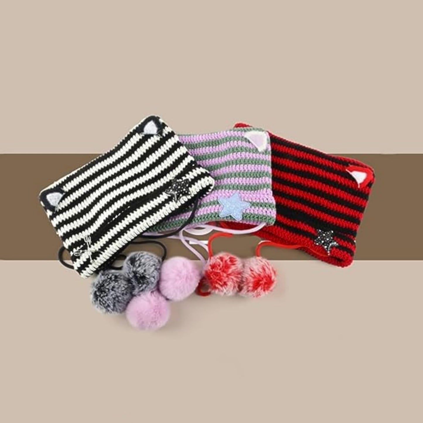 Cat Ear Beanie Y2K Hat, Women Girl Emo Crochet Striped Grunge Goth Star Pom Aesthetic Knit Kawaii Alt Cute Slouchy Skull Cap