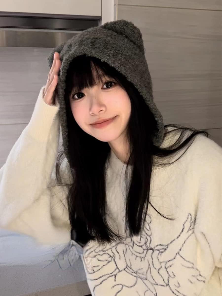 Fairy Grunge Beanie Y2K Bear Ears Hat Crochet Slouchy Hat Winter Warm Knitted Alt Headwear Accessories