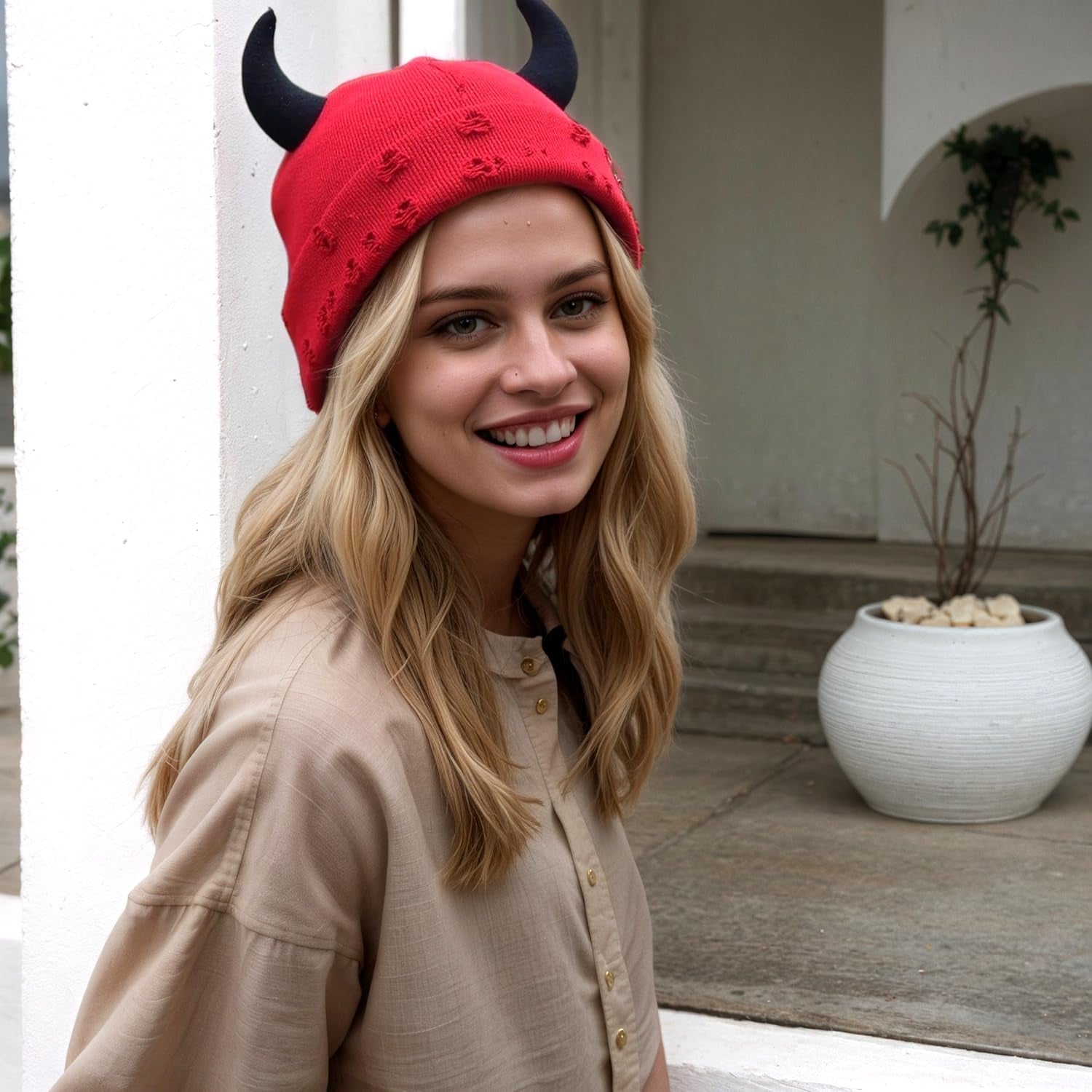 Gothic Devil Horn Knitted Beanies for Women Men Y2K Funny Crochet Skull Hat Warm Winter Cap Halloween Accessories