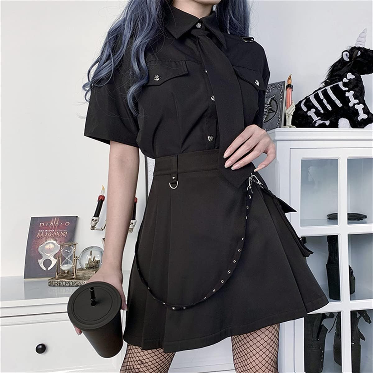 Women’S High Waisted Goth Skirt Black Mini Skirts with Chain Short A-Line Pleated School Tennis Dress Noctura