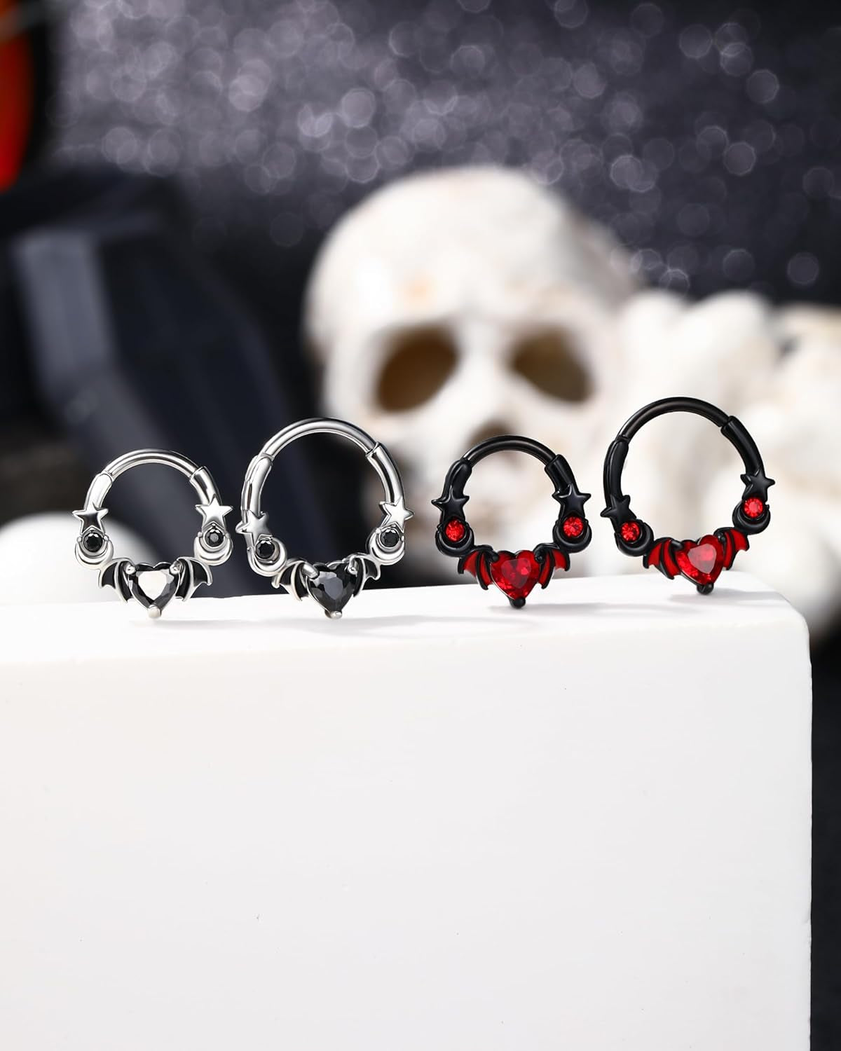 16G Halloween Septum Rings 316L Surgical Steel Septum Jewelry Heart Black Daith Helix Tragus Piercing Jewelry Cartilage Hoop Earrings for Women Men