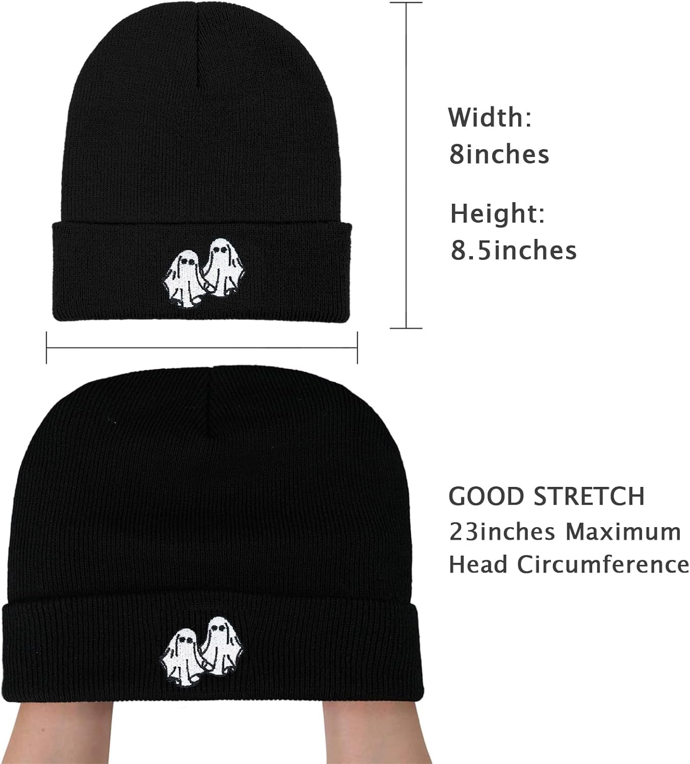 Ghost Beanie Hat Black, Cute Funny Goth Embroidery Winter Knit Skull Cap for Adult Men Women