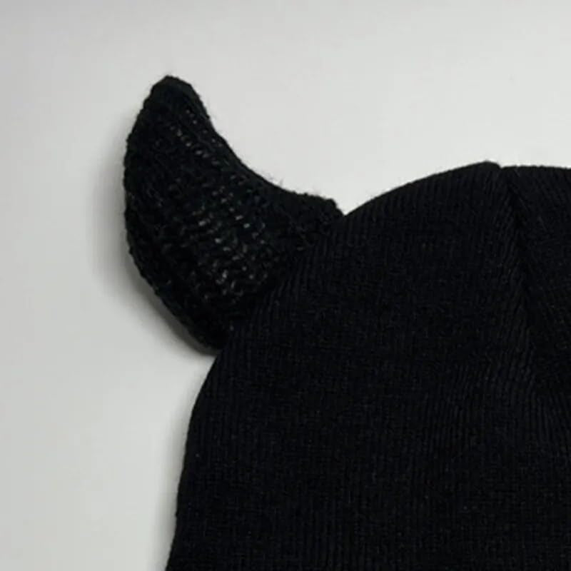 Kawaii Devil Horn Knit Beanie Hat for Women Men Girl Y2K Funny Halloween Party Hat Crochet Bucket Cap