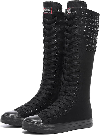 Long Rivet Knee High Canvas Boots Punk Style for Women & Girls