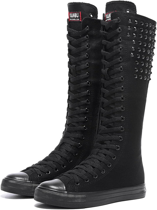 Long Rivet Knee High Canvas Boots Punk Style for Women & Girls
