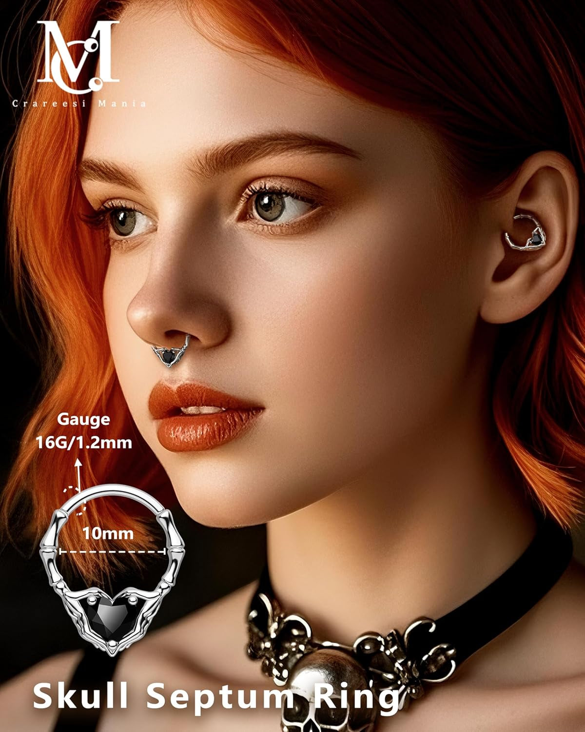 Skeleton Hand Septum Ring 316L Surgical Steel Septum Piercing Jewelry 16G Heart CZ Daith Earrings 10Mm Gothic Helix Cartilage Piercing Jewelry for Halloween