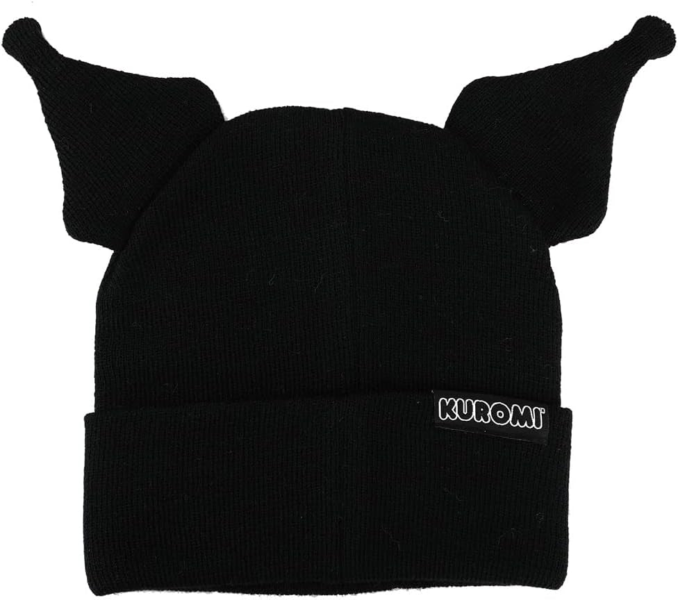 Kuromi Cuffed Knitted Embroidered Logo with 3D Plush Ears Beanie Hat Black