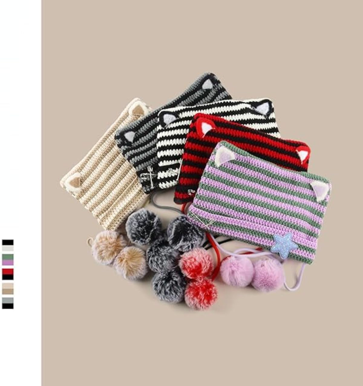 Women Kawaii Cat Ear Beanie Hat with Star Pom Poms Y2K Cute Crochet Goth Grunge Emo Alt Accessories Knit Slouchy Hat