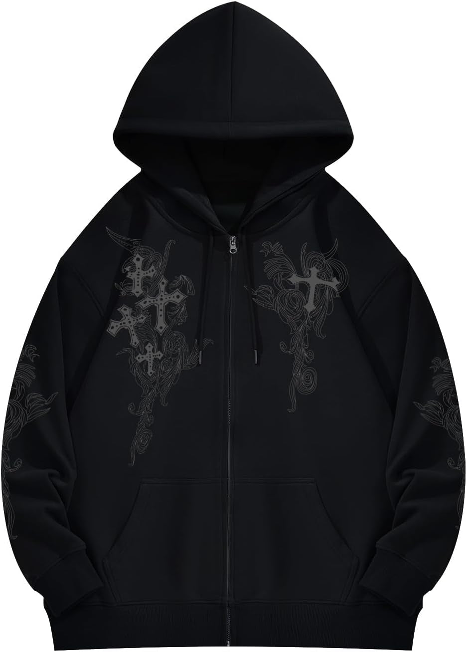 Y2K Gothic Zip Hoodie – Grunge Cross Streetwear
