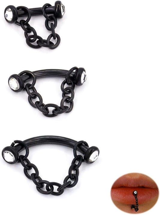 3 Pcs 316L Stainless Steel 16G Tragus Helix Rook Piercing Jewelry with Chain, Cartilage Earrings for Women, Belly Button Ring Vertical Labret Lip Piercing Jewelry