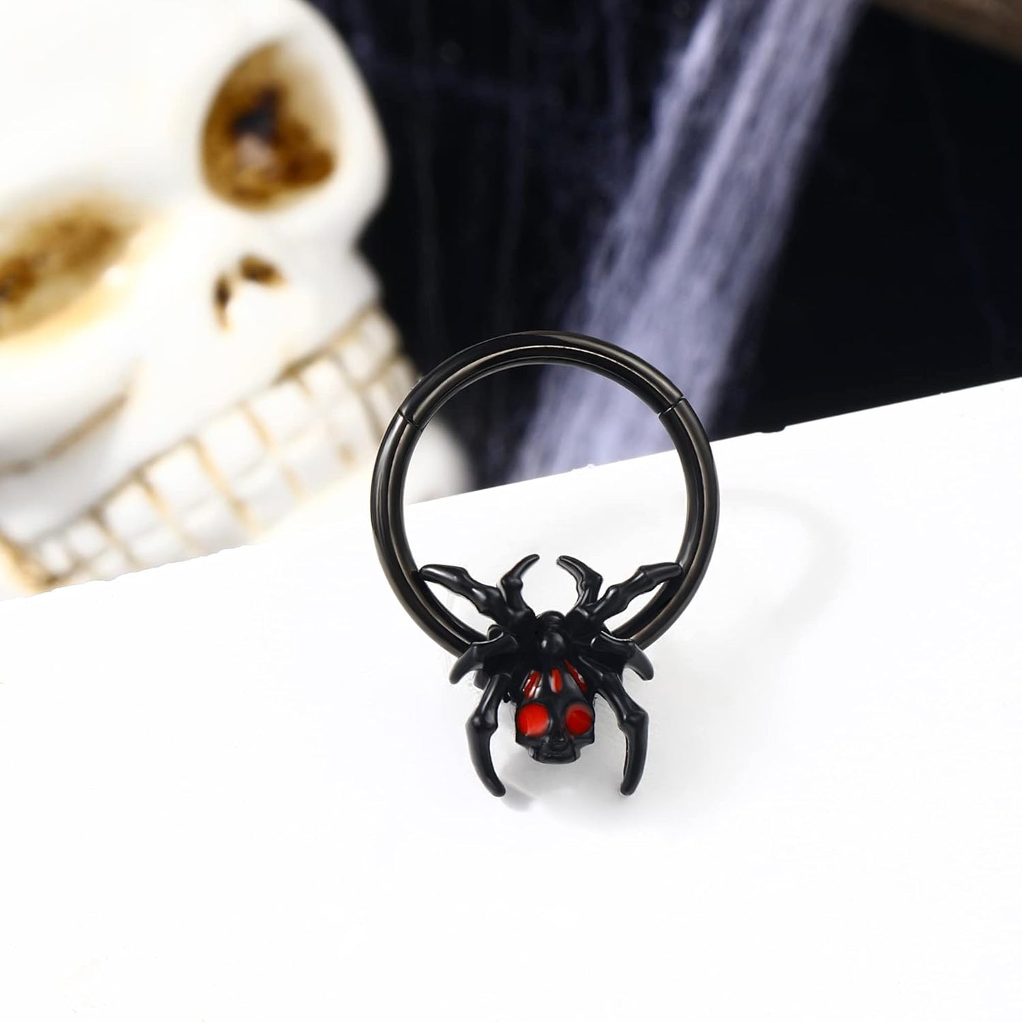 16G Black Spider Septum Ring - Hinged Segment Ring for Women & Men - Halloween Septum Clicker