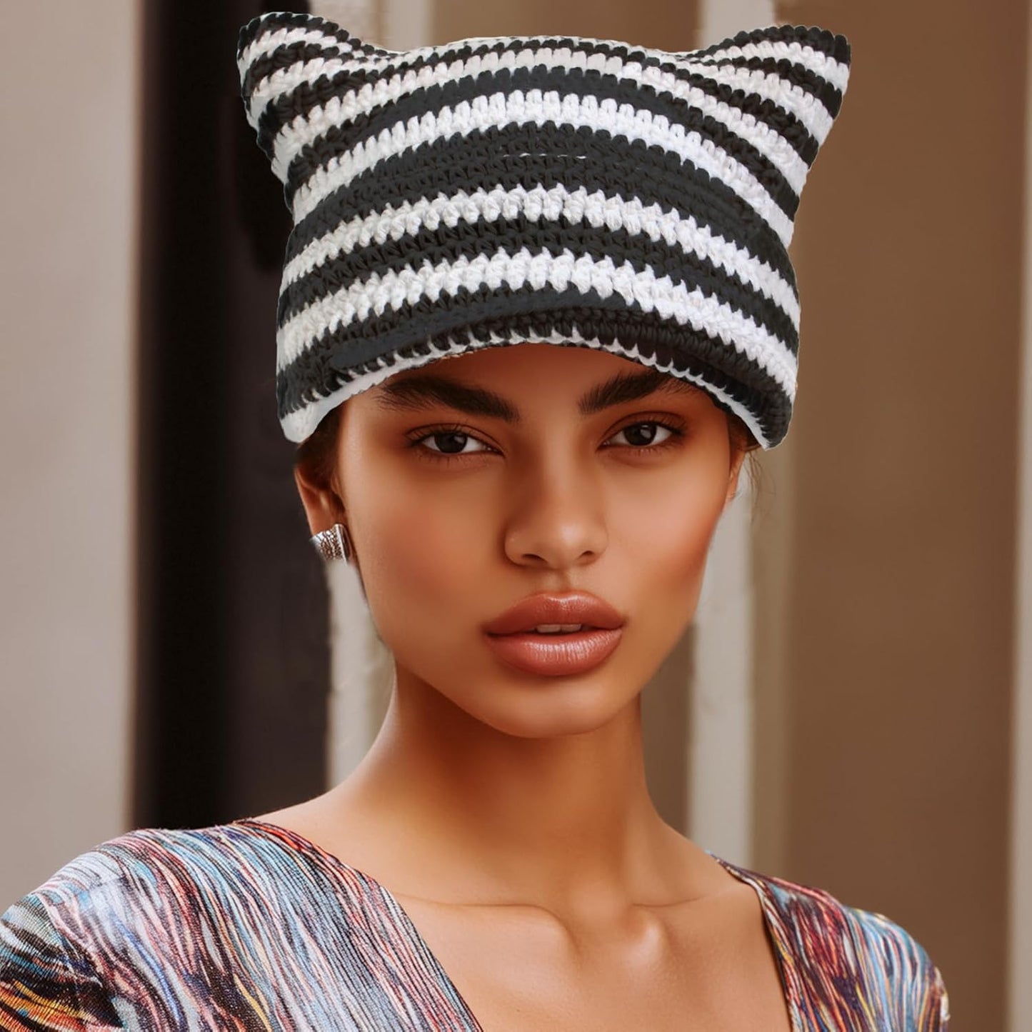 Crochet Cat Hat for Women Grunge Accessories Cat Ear Beanie Women Vintage Fox Hat Slouchy Beanies Women