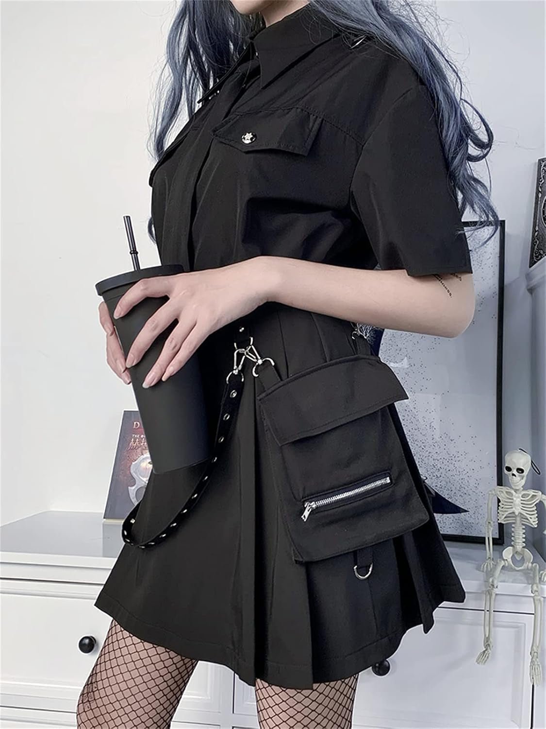 Black High Waisted Goth Skirt with Chain - Noctura - Noctura